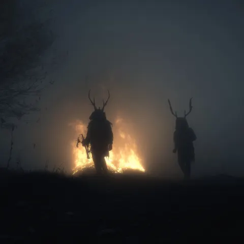 Horned masked men dancing in the fire, fog, horror cinematography