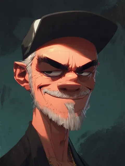 Cel shaded cool looking smirking middle aged guy gray hair short beard in a cap neo modern cartoon