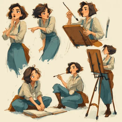Character poses for a young woman with a paintbrush painting something in a sketch book