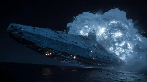 Cinematic shot of a massive futuristic sci-fi cruiser sailing across the dark Arctic ocean at night