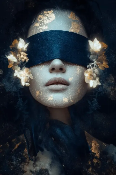 Surreal portrait of a mysterious woman, face partially covered with an ornate dark blue blindfold en