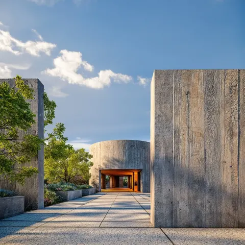 Concrete enclosure with a penalized faces entrance as seen from the street entrance view 3 quarter v