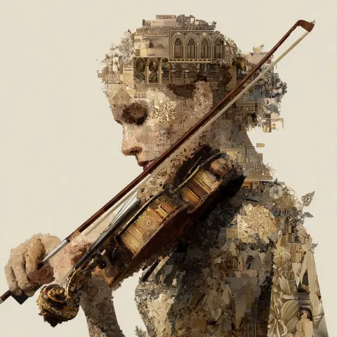 Create a sophisticated symbolic portrait of a female violinist positioned on the RIGHT side of the c