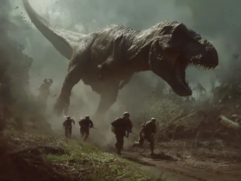 Create a terrifying scene of a tyrannosaur chasing a group of soldiers photo realistic