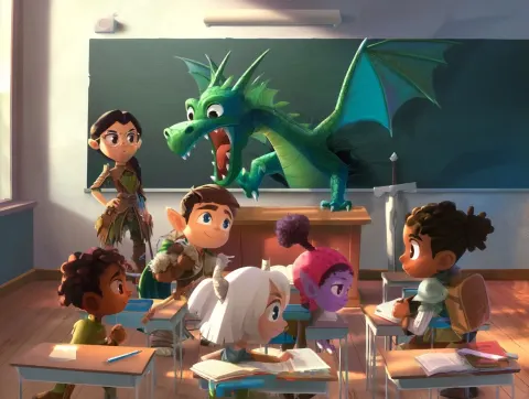 D&D characters as students preparing to battle a dragon coming out of a blackboard in a classroom re