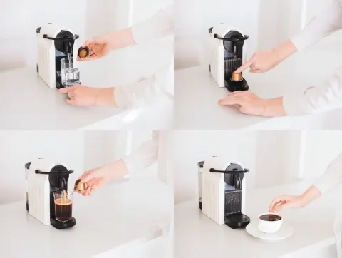 A step-by-step coffee making process using a capsule coffee machine