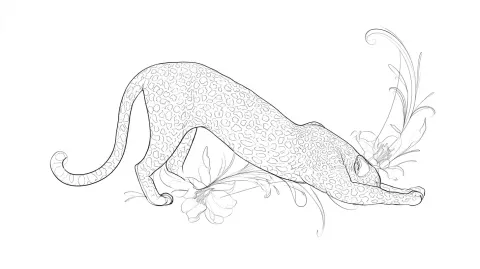 Delicate fine line tattoo design of a playful leopard in stretching pose