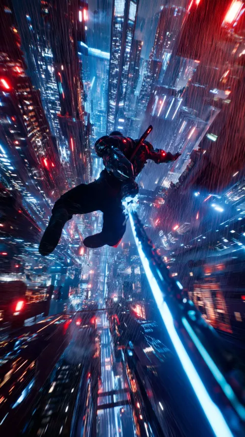 Dynamic low-angle shot of a cyborg ninja leaping between neon-lit skyscrapers in a sprawling cyberpu