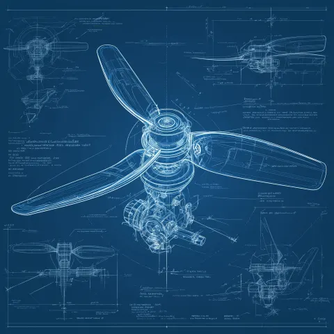 Editorial technical blueprint of a two-blade drone propeller with visible hub, motor shaft