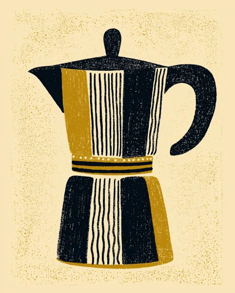 Flat mid-century modern poster of a single oversized moka pot filling most of the frame