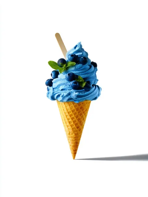 Front view of soft serve blueberry ice cream in a waffle cone garnished with fresh blueberries and m