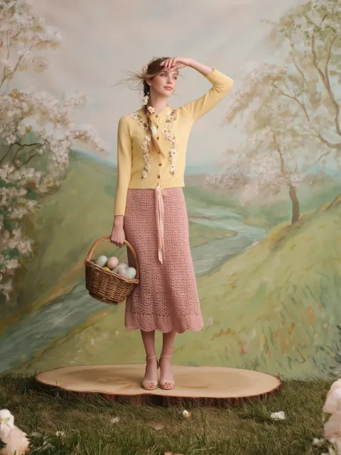 Full-body editorial fashion photograph of a slim young woman standing on a wide flat tree stump. She