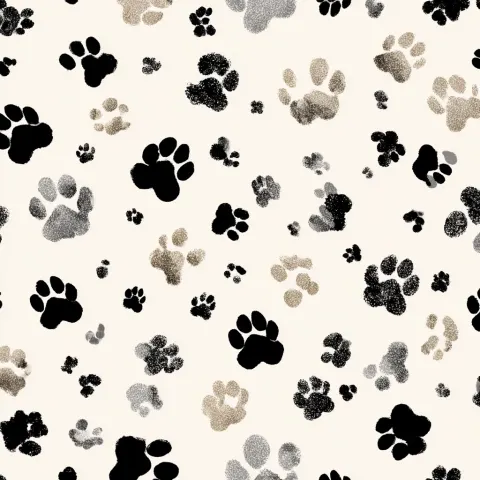 Generate some floor plans featuring randomly arranged cat paws of varying sizes on a white backgroun