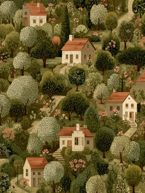 Garden pattern with small houses trees flowers and winding paths, botanical illustration