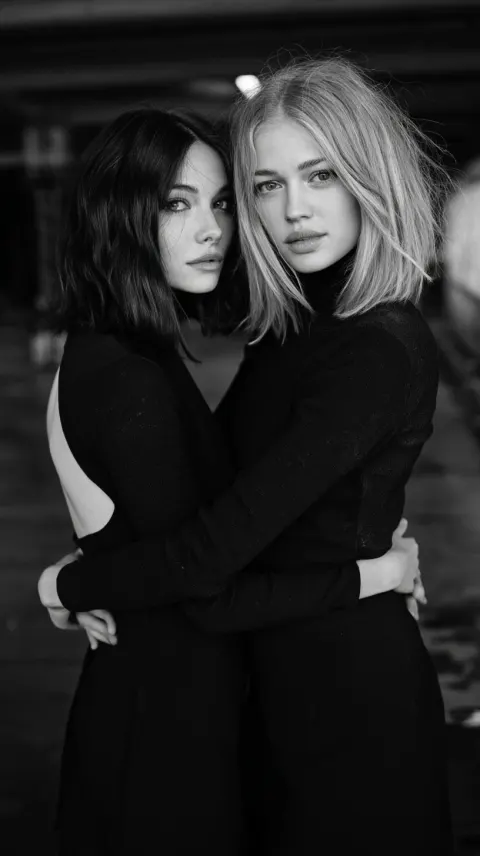 Gritty black and white photo of a two emotional women in her 30’s in all black, embracing