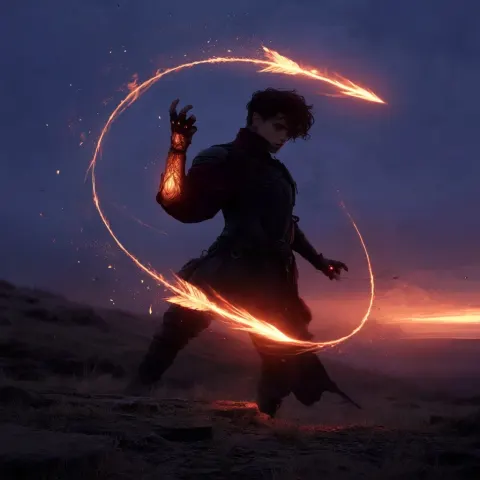 In the center of the frame a human battlemage stands in combat stance on a rocky hilltop at twilight