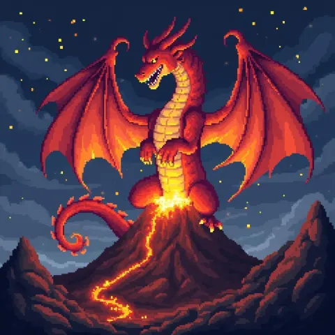 Blocky Fire Dragon Over a Night Volcano