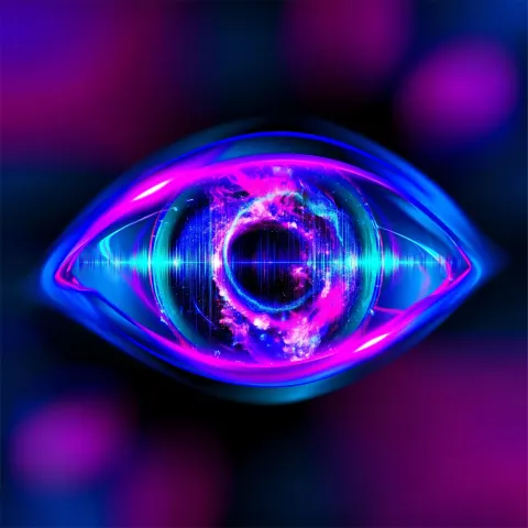 Hyper detailed eye with iris made of swirling galaxy and soundwave patterns