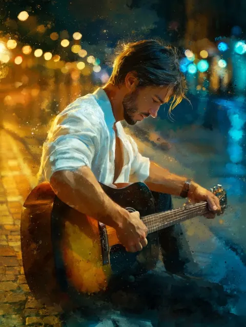 Intimate vertical portrait of a handsome male guitarist seated on a dim cobblestone street at night