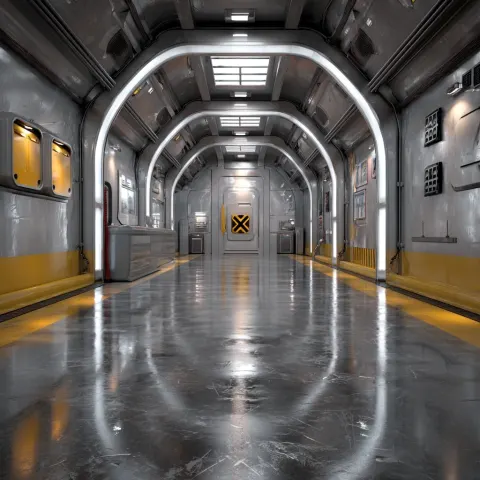 Interior of sleek polished steel metal walls inside and white trim lights