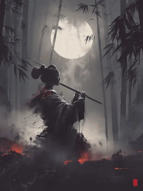 Japanese INQ style illustration of bamboo flute player under moonlight, delicate ink strokes