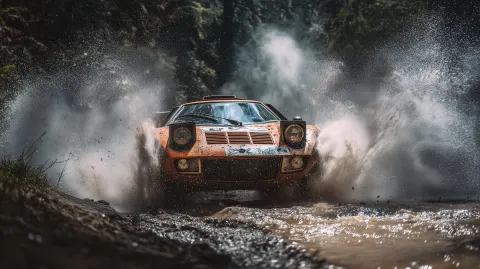 Lancia Stratos HF rally car blasting through a deep muddy water crossing on a wild forest rally stag