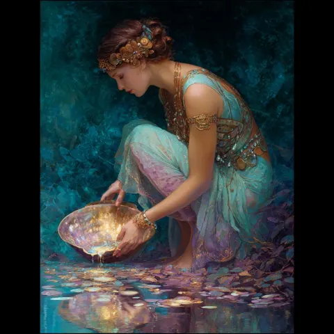 Magical beautiful Venusian women pouring shimmering crystalline water on to her self from a huge aba