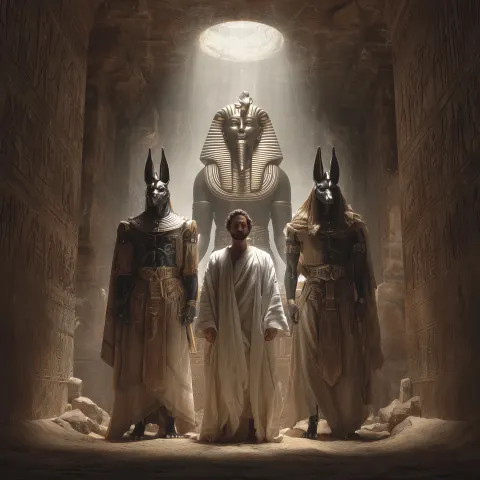Man mid thirties in white robe standing in middle of egyptian crypte. Around him stand three beautif