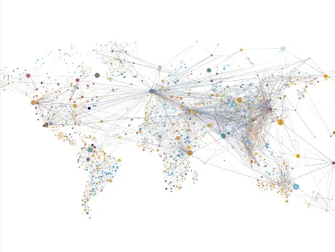 Minimalist global communication network map with connected neural data nodes on a pure white backgro