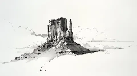 Minimalist pen and ink illustration of a solitary Monument Valley, drawn with sparse