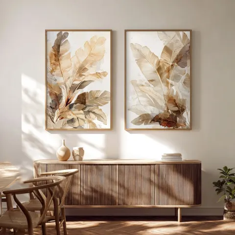 Modern wall art set of two paintings with banana leaves in light brown and beige colors