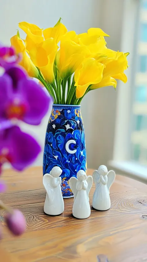 On a wooden table stands a vase with yellow calla lilies and purple orchids; next to it are three po