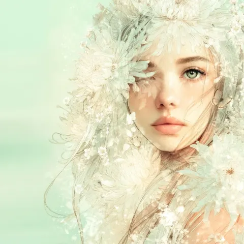 A dreamy ethereal portrait of a young woman, soft pastel color palette, half face composition