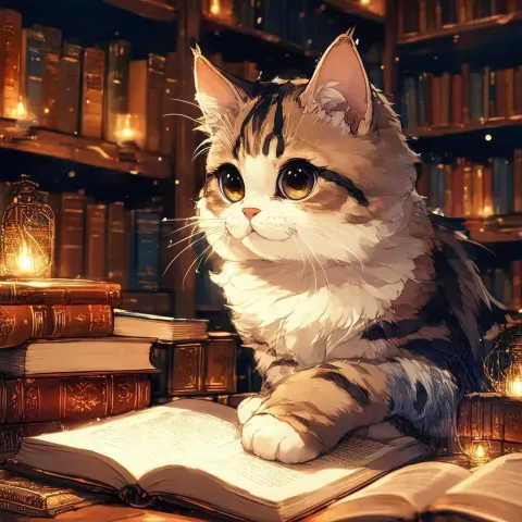 Anime Cat Reading in a Cozy Library
