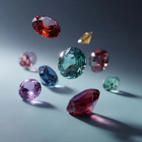Photorealistic luxury product shot of assorted colored gemstones, isolated and centered