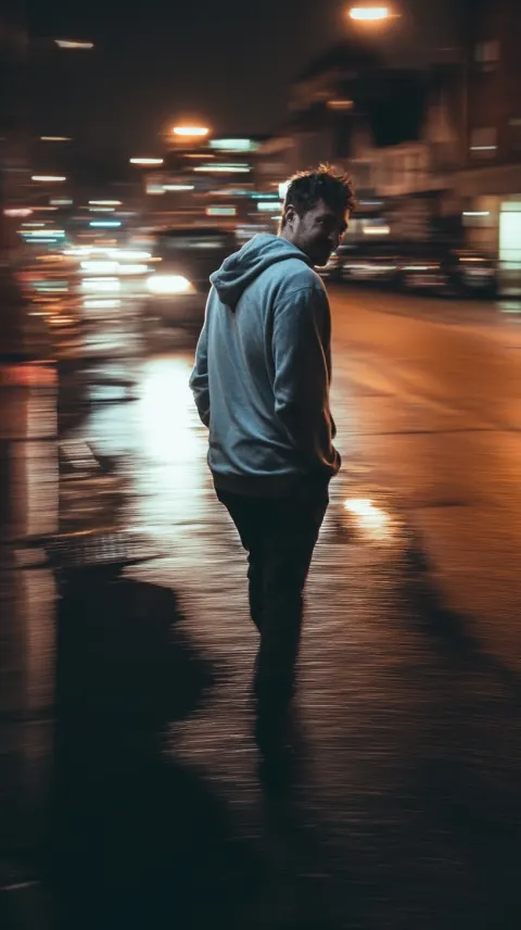 Portrait of a guy in a gray hoodie walking down a wet city street at night