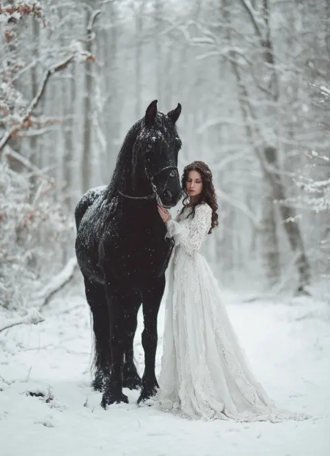 Realistic photo of a Winter Fairy queen dressed in a long white gown with her black horse in a magic