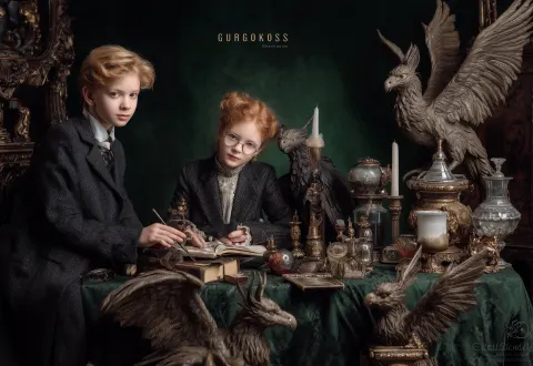 Realistic photos of young teenagers in Harris tweed with magnifying glasses scrolls and quills and l