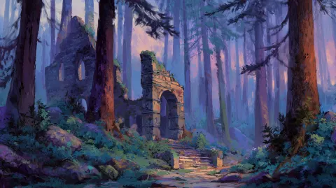 Fantasy landscape, forest with ruins, fantasy art