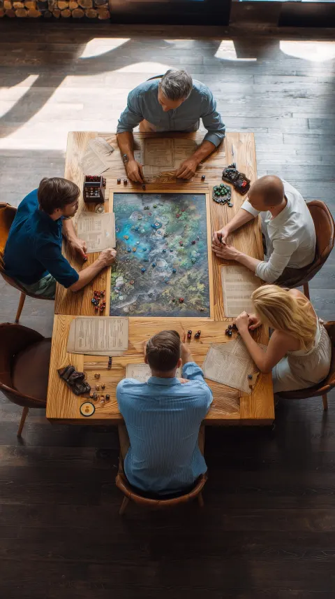 Realistic shot of 5 people playing a role-playing game around a table. The game master behind his ga