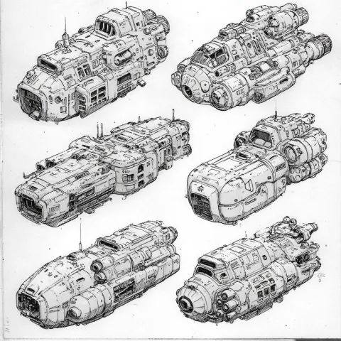 Sketches of many different style of spaceship unmanned futuristic-retro drone robots that are low le