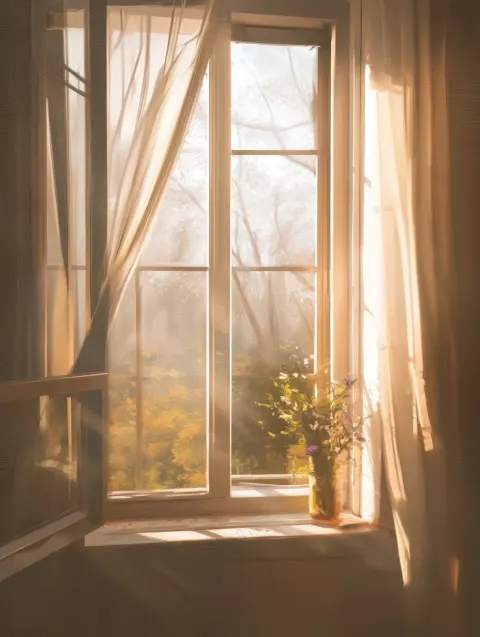 Small open window with light curtains moving softly in the breeze