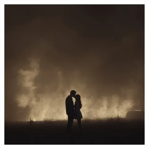 Surreal poetic scene outside on a lonely field silhouettes of man and a woman are kissing during a b
