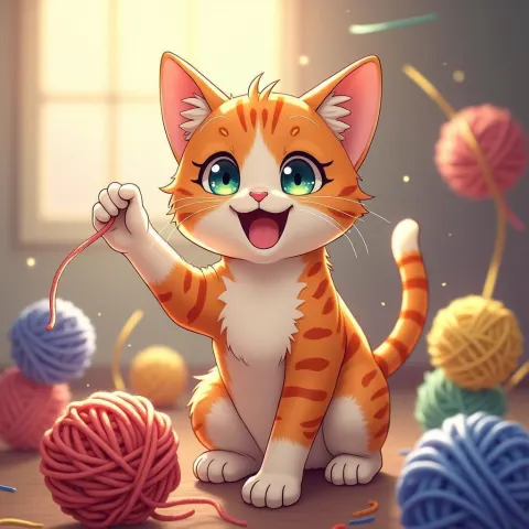 Playful Anime Cat Tangled in Golden Yarn