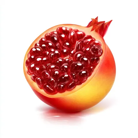 A photorealistic illustration of fruit, centered on a red pomegranate that has been slightly peeled