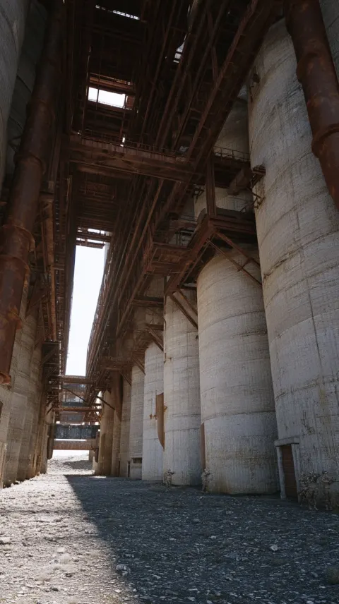 The interior of a massive industrial concrete grain silo echoes its rugged exterior. In the spacious