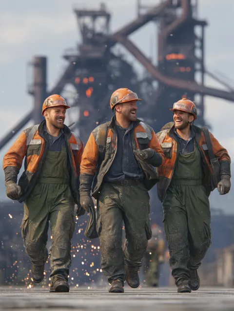 Three German workers with black hair and partial beard growth walk along the path