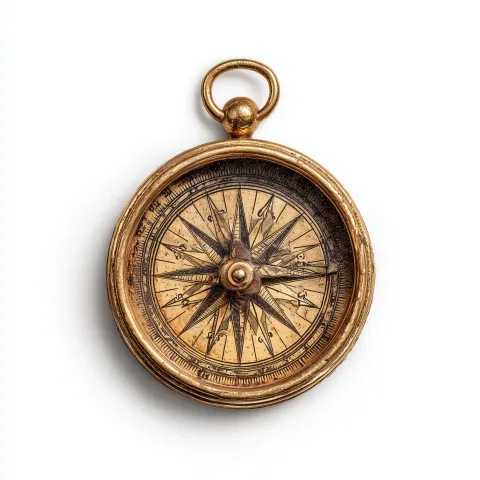 Top-down flat lay photography of a single antique gold brass pocket compass with a ring loop at the