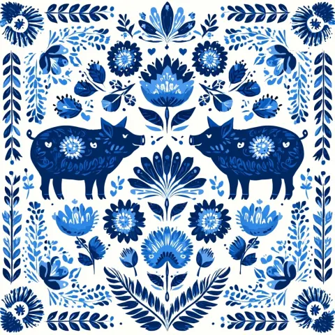 Ultra modern czech folk stamp painted pattern with pig icons on white backround