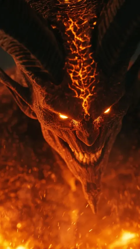 A terrifying angry demonic lord looking down with a cruel, sadistic expression, glowing eyes